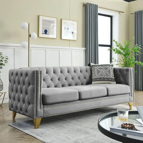 Vista 10 de Modern 3 Seater Couch Black Velvet Sofa Upholstered Button Tufted Nailhead Trim, Square Arm Loveseat Sofa, Sturdy Golden Metal Legs, 80.5'' Couch
