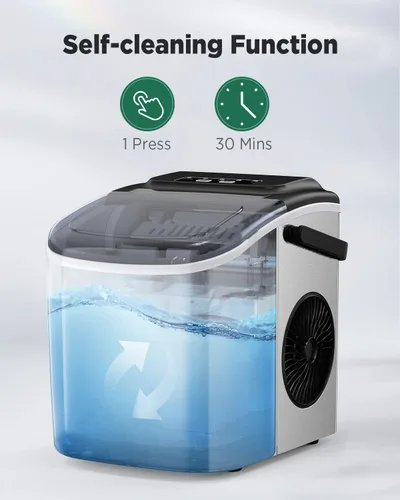 Vista 4 de Máquinas de Hielo de Encimera Silonn, 9 Cubos Listos en 6 Minutos, 26 libras en 24 Horas, Máquina de Hielo Autolimpiante con Pala para Hielo