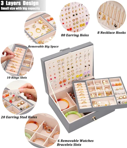 Vista 3 de QBestry Organizador de aretes de tuerca para mujeres y niñas caja de joyería gris para aretes collar organizador de joyas caja de aretes para mujer