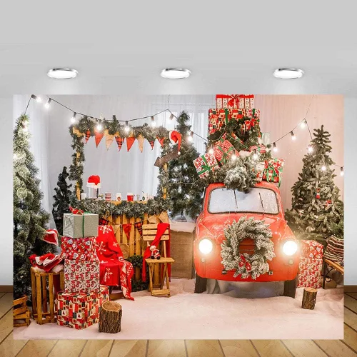 Vista 4 de MEHOFOND Árbol de Navidad de invierno de 8 x 6 pies, regalo de automóvil rojo, guirnalda de pino verde claro, guirnalda de pino verde claro