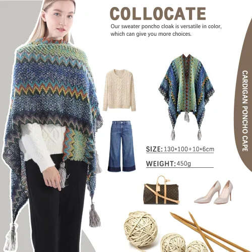 Vista 11 de Capa tipo poncho de punto para mujer, cárdigan de punto con flecos para otoño e invierno