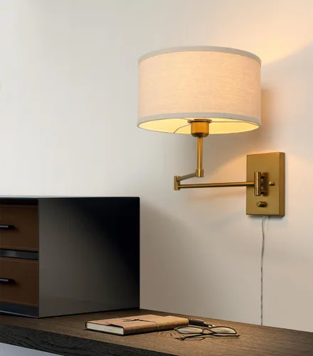 Vista 4 de Aplique de pared de tela textil de lino vintage Swing Arm, Adjustable, with on/Off Switch, Brass Gold Wall Mounted Lamp, Reading Light Fixture for