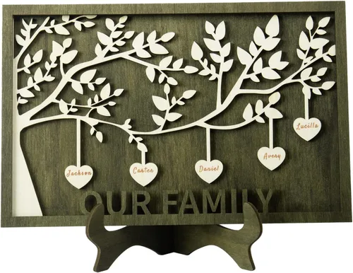 Vista 10 de Árbol genealógico con etiqueta de corazón, placas de madera grabadas personalizadas, regalos personalizados para madres, padres, escritorio, nombres