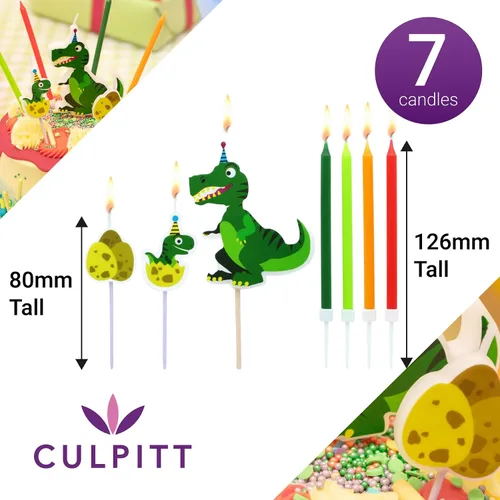 Vista 2 de Culpitt Kit de dinosaurios Velas de cumpleaños, tablero de pastel, caja de pastel, fiesta de dinosaurios, adornos con T-Rex, dinosaurios bebés