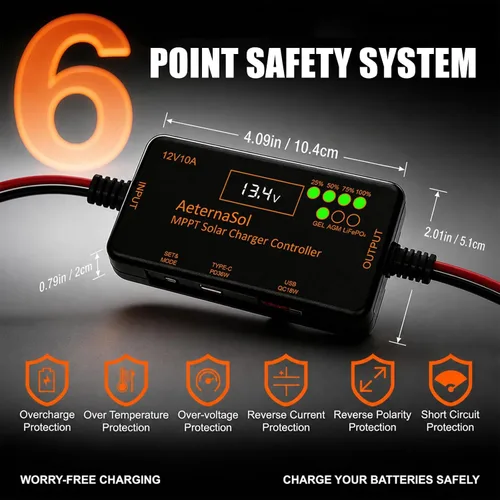 Vista 2 de Controlador de carga solar MPPT 12V 10A para baterías LiFePO4, AGM y gel