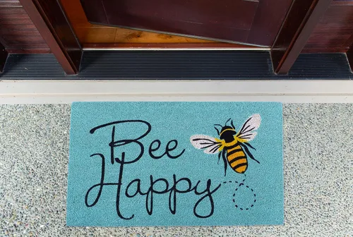Vista 2 de DII Felpudo de fibra de coco natural, divertido tapete de felicitación, abeja feliz, 18 x 30 pulgadas