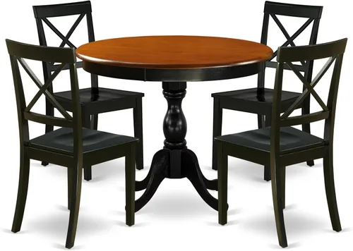 Vista 18 de East West Furniture AMBO3-BCH-W Juego de mesa y sillas de cocina de 3 piezas contiene una mesa de comedor redonda con pedestal y 2 sillas de asiento