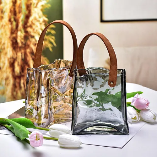 Vista 8 de Cuero hecho a mano - Bolso de mano - Estilo florero de cristal - Elegancia simple para tu espacio (ámbar)