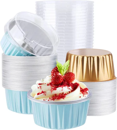Vista 26 de EUSOAR Moldes desechables de papel de aluminio con tapas, 30 piezas de 5 onzas (4.2 fl oz) de papel de aluminio para magdalenas, tazas para hornear