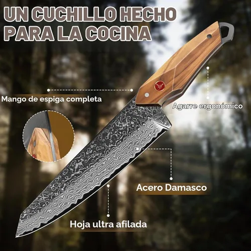 Vista 4 de TAN REN Cuchillo de chef de Damasco de 6 pulgadas con funda, cuchillo japonés Kiritsuke afilado, cuchillos de cocina de Damasco de espiga completa