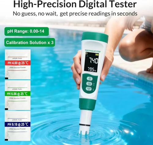 Vista 4 de Kit de probador digital de agua para piscina 11 en 1 que incluye probador de sal 5 en 1 para piscina de agua salada y tiras de prueba de piscina 7