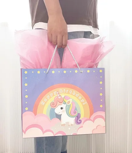 Vista 6 de jabberwpacking Bolsas de regalo grandes de 12.6 pulgadas con papel de seda para niñas, bolsa de regalo de cumpleaños de unicornio rosa