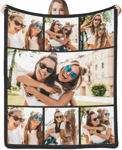 Vista 23 de InterestPrint Manta personalizada con nombre, 6 fotos, manta personalizada para aniversario, boda, para marido, esposa, amantes, 6 tamaños