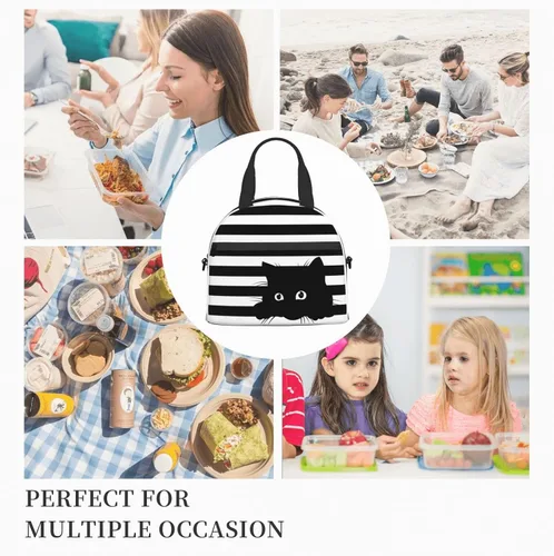 Vista 15 de Perinsto Bolsa de almuerzo a rayas blancas y negras con diseño de gatos, contenedor aislado reutilizable con correa de hombro ajustable, 9 x 5 x 7.8