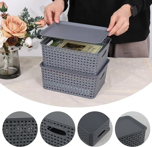 Vista 4 de Paquete de 6 cestas pequeñas de plástico, cesta de almacenamiento tejida con tapa, apilable, color gris