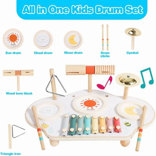 Vista 8 de Twefex Juego de batería para niños, juego de batería 9 en 1 para niños pequeños, instrumentos musicales Montessori, juguete para bebés, juguetes