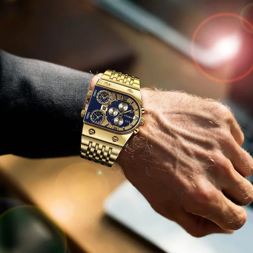 Vista 5 de GORBEN Creative Gold Watch - Reloj de cuarzo para hombre, 3 zonas horarias, reloj grande de acero inoxidable, reloj deportivo militar masculino