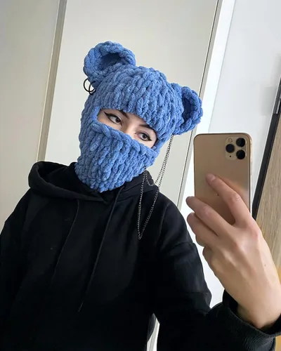 Vista 2 de Máscara de esquí de punto con diseño de ganchillo, máscara facial con diseño de conejo divertido en 3D, para Año Nuevo, clima frío o fiesta