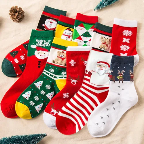 Vista 6 de 14 pares de calcetines de Navidad para mujer, calcetines de patrones coloridos novedosos, calcetines de algodón de Navidad para niñas, regalos