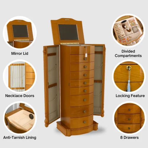 Vista 15 de Hives and Honey Florence Jewelry Armoire - Organizador de almacenamiento de joyas con 8 cajones forrados de fieltro, espejo de tocador, rollos