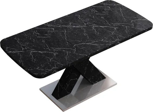 Vista 8 de Mesa de comedor cuadrada moderna, de 47.24 a 62.99 pulgadas de largo, elástica, con estampado de mármol negro + patas de mesa en forma de X de MDF