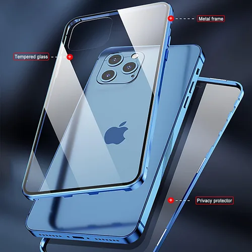 Vista 7 de Funda Magnética de Titanio para iPhone 14 Plus con Privacidad, Funda de Cuerpo Completo con Adsorción Magnética Anti-Espía de Vidrio Templado