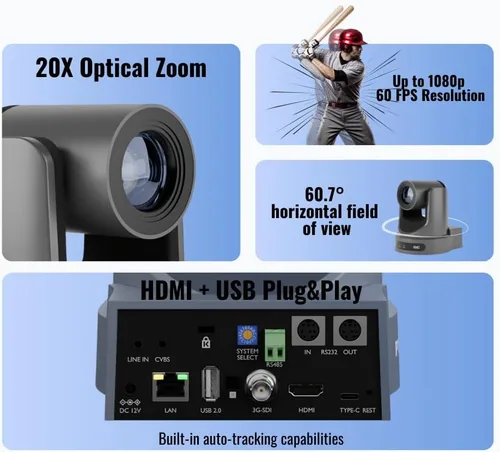 Vista 2 de PTZOptics Move SE 20x 1080p Full HD PTZ Advanced PTZ Auto-Tracking Pan Tilt Zoom Cámara (gris) Bundle SuperJoy Serial PTZ Cámara Controlador