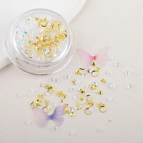 Vista 3 de 4 cajas AB con parte trasera plana, diamantes de imitación de perlas redondas, diamantes de imitación de metal 3D con estrella dorada, dijes