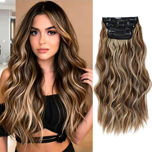 Vista 15 de Extensiones de cabello ondulado largo con clip, 4 piezas de extensiones de cabello sintético grueso con clip, para mujer (#4)