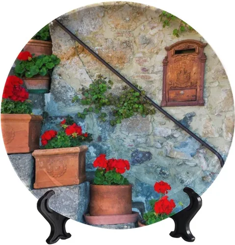Vista 83 de Plato decorativo colgante de cerámica con temática de paisaje, plato decorativo redondo de plantas en maceta, con soporte decorativo, para sala