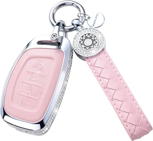 Vista 25 de Funda para llave inteligente con llavero, de piel auténtica color rosa, con cristales, carcasa protectora