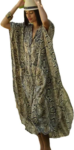 Vista 12 de RanRui Vestido de caftán de manga corta con cuello en V para mujer con bolsillo Caftanes Estampado (Flower Print)