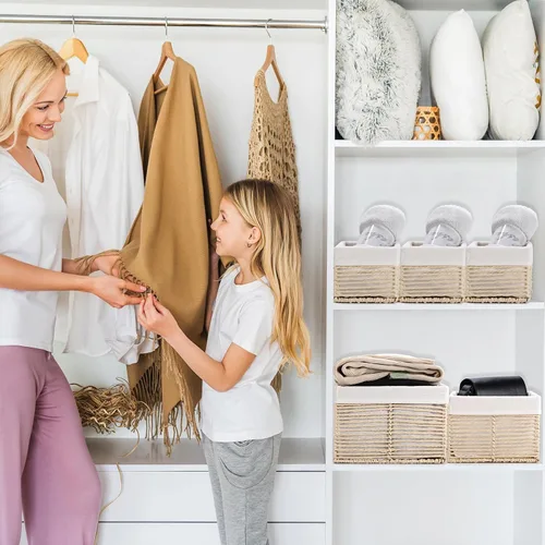 Vista 7 de Vagusicc Cesta de almacenamiento de mimbre, cesta de cuerda de papel tejida a mano, cesta rectangular pequeña para organizar, contenedor de Beige