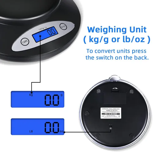 Vista 4 de THINKSCALE - Báscula de cocina de 11 libras con cuenco, LCD retroiluminado de 1 g/0.1 oz para hornear Digital Food Scale 5kg, Min 3g Start, Grams
