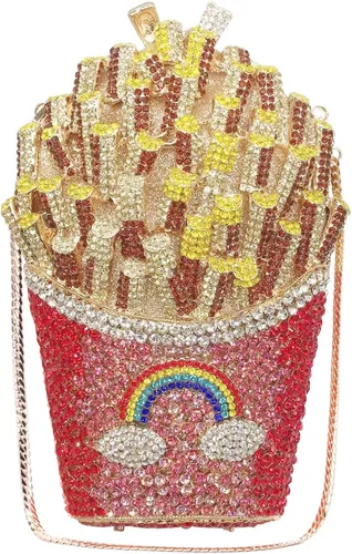 Vista 6 de KUANG! Bolso de hombro en forma de papas fritas con diamantes de imitación, bolso de mano de cristal para mujer, bolso de noche brillante para fiesta