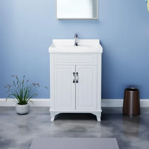 Vista 3 de Renovators Supply Manufacturing Adeline Mueble de tocador blanco de madera con lavabo 24.25" de ancho, juego de lavamanos independiente grande