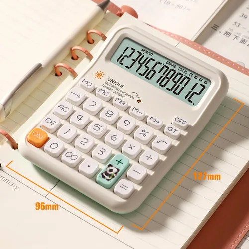 Vista 2 de UNIONE Calculadora Panda con LCD brillante, escritorio portátil de doble alimentación. Color. Negocios, oficina, escuela secundaria... (beige)