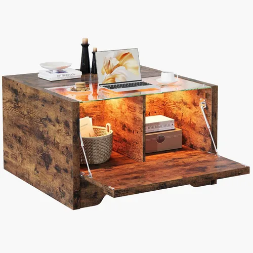 Vista 7 de Bestier Mesa de centro de granja de 31.5 pulgadas con almacenamiento, mesas de centro cuadradas LED para sala de estar, mesa central de madera