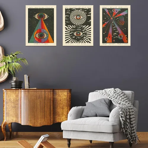 Vista 2 de Juego de 3 lienzos enmarcados de estilo retro hippie para pared, meditación, psique delicados, arte en lienzo bohemio de los años 70