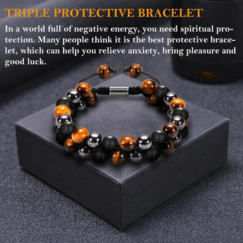 Vista 3 de MJartoria Pulsera de triple protección para hombres y mujeres, ojo de tigre, obsidiana negra y hematita de 0.315 in, pulsera de cuentas de yoga
