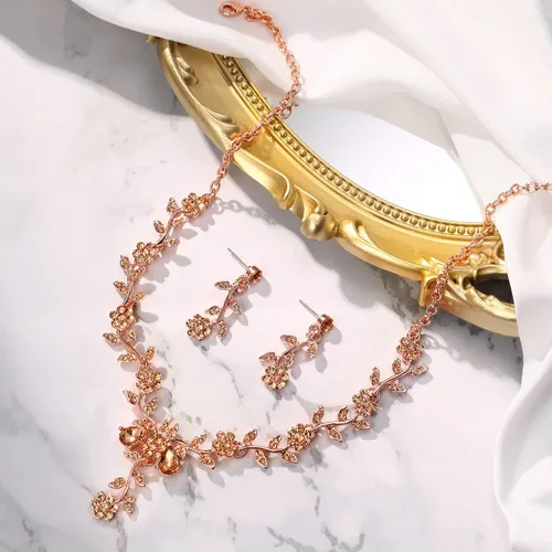 Vista 3 de BriLove Juego de collar con colgante de cristal y flores para mujer, joyería de boda para novia, Cristal Metal