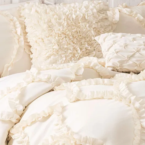 Vista 3 de Juego de edredón Lush Decor Avon, juego de 3 piezas, tamaño Full/Queen, color marfil - Juego de cama romántico estilo granja - Elegante ropa de cama