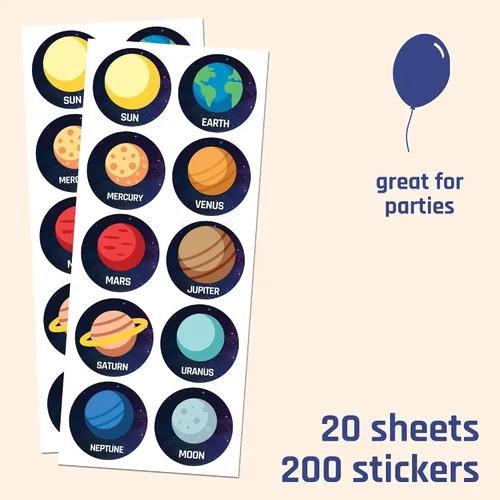 Vista 2 de Calcomanías del sistema solar planeta para niños, 1.5 pulgadas - 20 hojas, 200 calcomanías