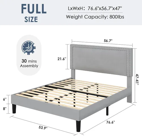 Vista 64 de VECELO Base de cama de plataforma de tamaño individual con cabecera tapizada de altura ajustable, base de colchón moderna, soporte de listones