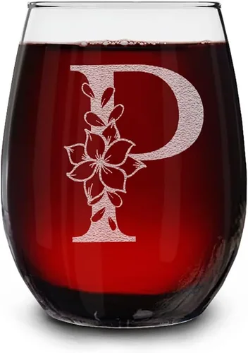 Vista 20 de Copa de vino sin tallo, con monograma floral, grabada con láser, 15 onzas, regalo inicial personalizado para ella (B)