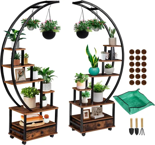 Vista 10 de Soporte para plantas de interior de media luna de 7 niveles con ruedas con bloqueo, estante para plantas de 71 pulgadas de alto con cajón