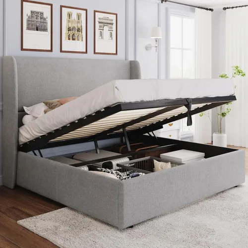 Vista 10 de PaPaJet Cama de Almacenamiento con Elevación Tamaño Queen, Marco de Cama Plataforma Tapizada con Almacenamiento Hidráulico/Cabecera Moderna Gris