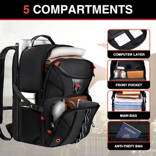 Vista 3 de Z-MGKISS Mochila de viaje, mochila grande de viaje para laptop para hombres y mujeres con mochila comercial aprobada por la aerolínea TSA, Negro-2
