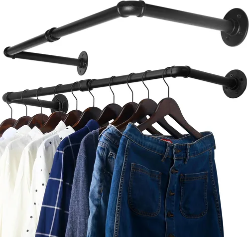 Vista 12 de WEBI Perchero de Ropa Montado en la Pared, Perchero de Tubo Industrial de 20 Pulgadas para Colgar, Barra de Ropa de Hierro Resistente, Varilla