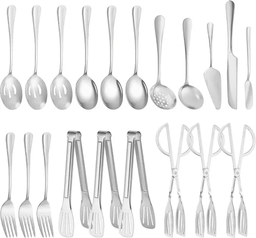 Vista 14 de Juego de 20 utensilios para servir, utensilios completos de acero inoxidable para bufé de catering para barbacoas de verano, parrillas, picnic